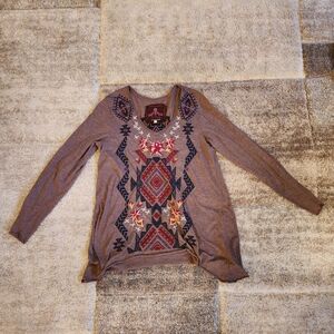 Johnny Was JWLA Embroidered Boho Long Sleeve Top Women’s Medium Brown Aztec